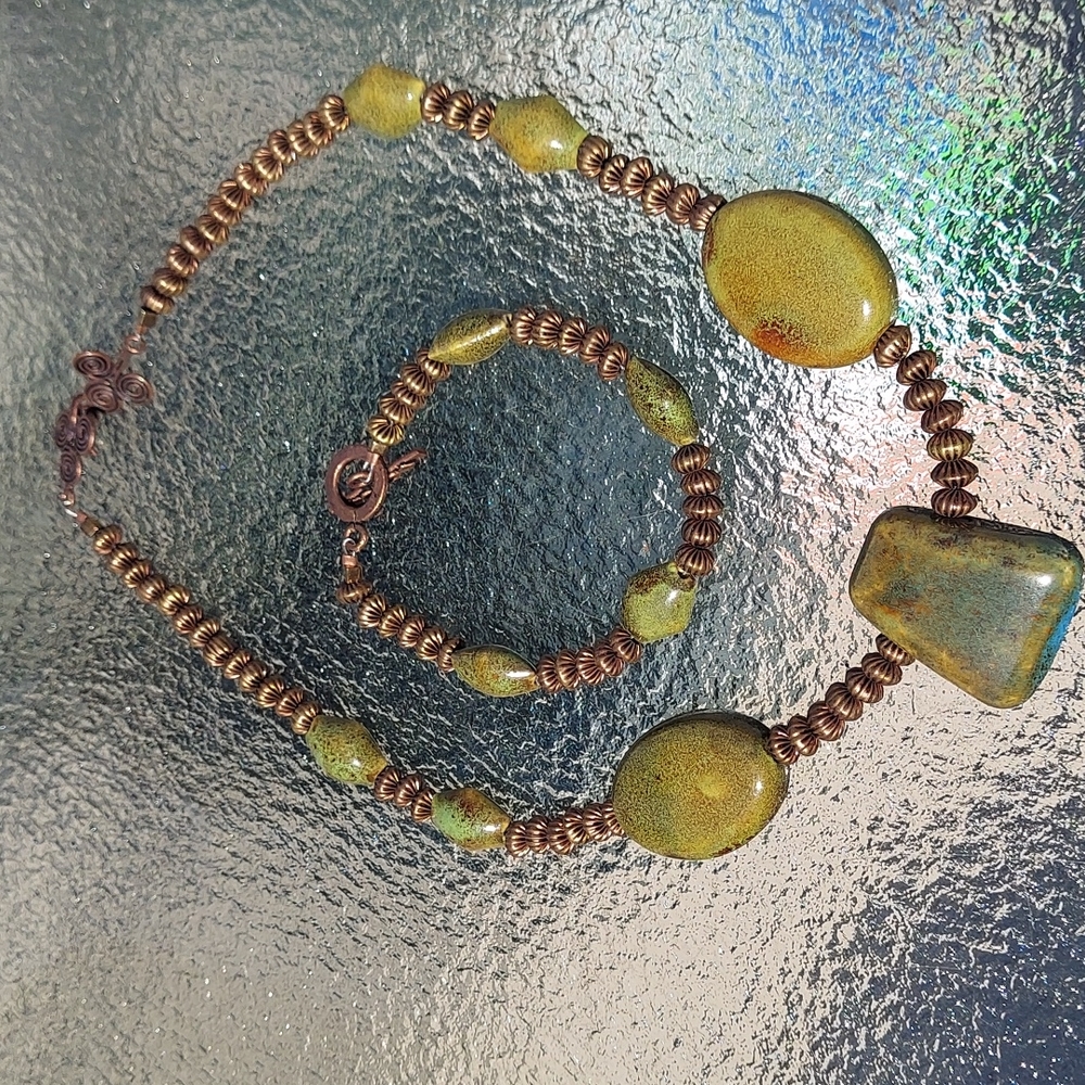 Green stone and bronze bead necklace and bracelet set